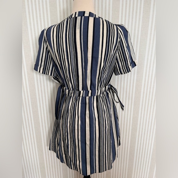 Zara Trafaluc Striped Cotton Linen Blend Deep V-neck Puff Sleeve Dress Large - Picture 2 of 6